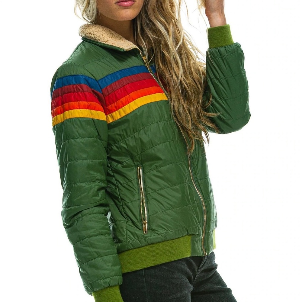 Aviator Nation Olive Puffer with Multicolor Stripes